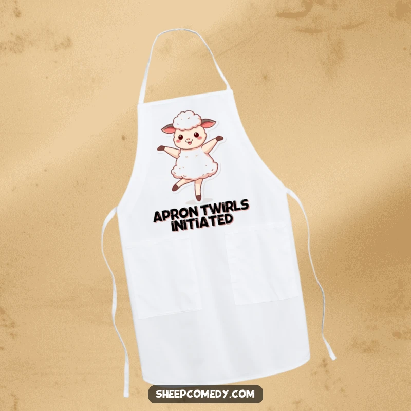 Funny Sheep apron showing a sheep twirling like a ballerina, ready to perform in the kitchen.