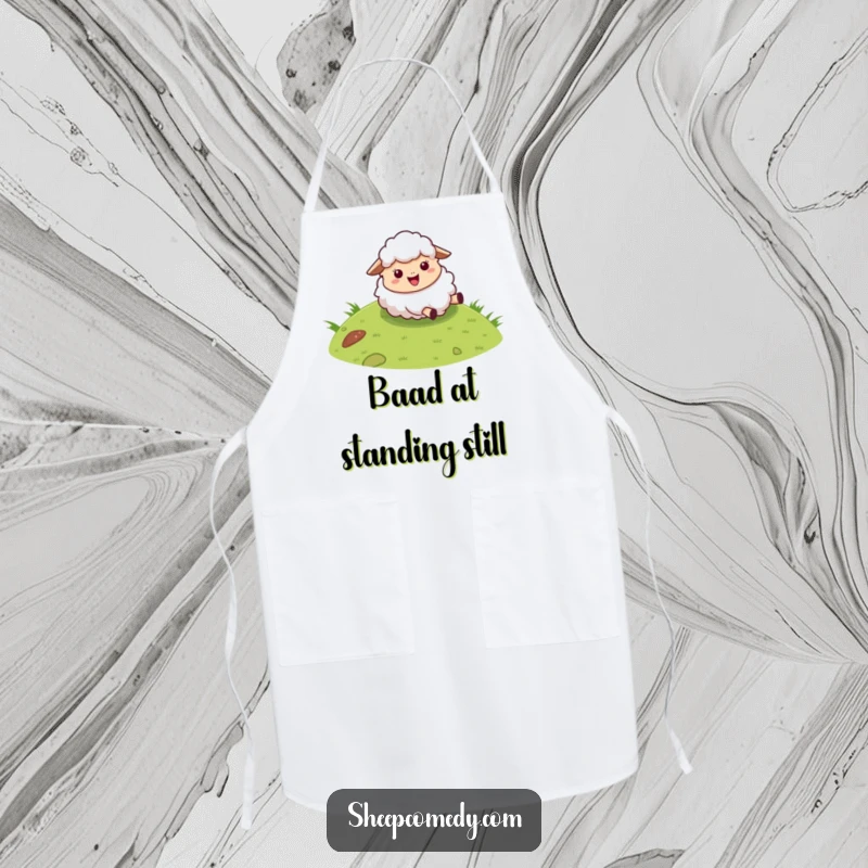 Funny sheep apron showing a fluffy character joyfully rolling down a grassy hill, ideal for humorous cooking sessions.