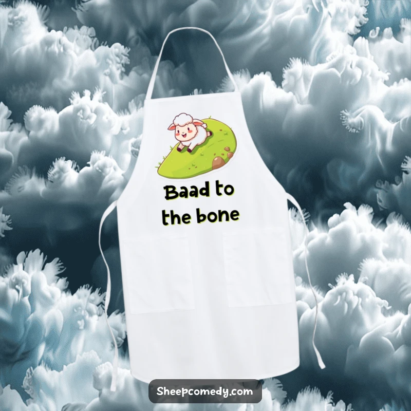 Funny sheep apron illustrating a happy sheep character gleefully sliding down a stylized grassy hill, perfect for a cheerful kitchen.