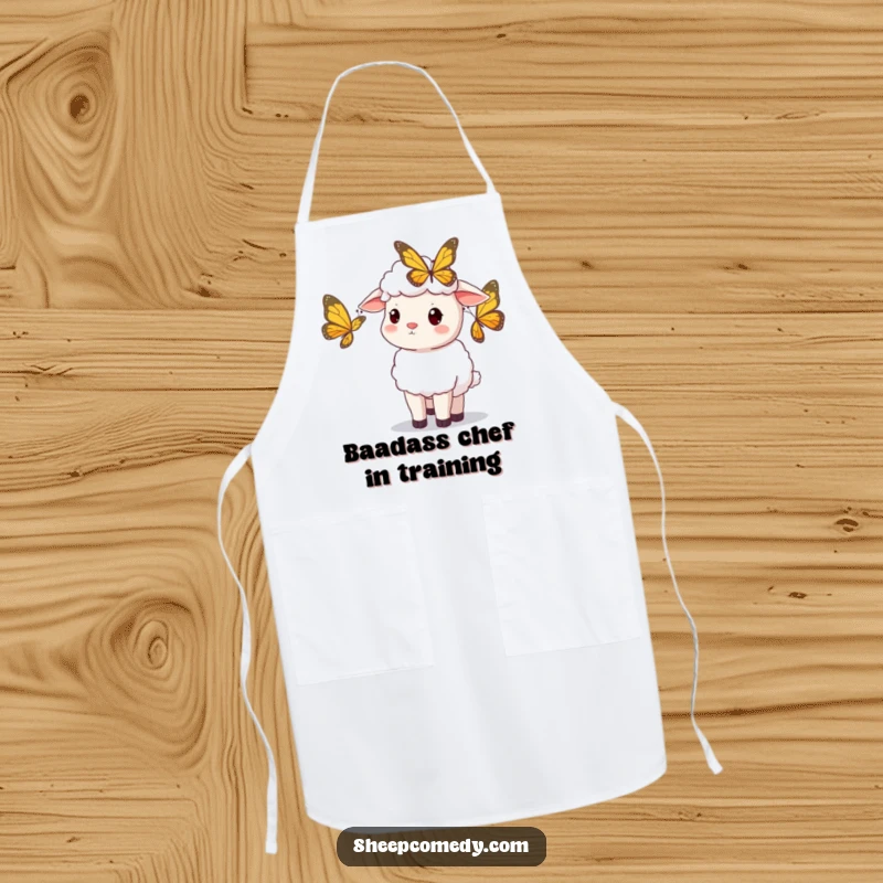 Funny sheep apron, sheep curiously watching a butterfly, whimsical kitchen wear, perfect funny gift for cooks.