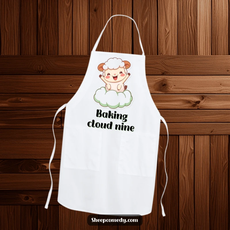 Funny Sheep Apron: A sheep character joyfully bouncing on a fluffy green cloud, ideal for humorous kitchen endeavors.