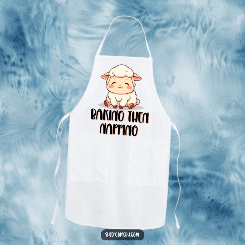 Funny apron featuring a sheep character sighing contentedly as it naps in the sun, bringing a peaceful mood to cooking.