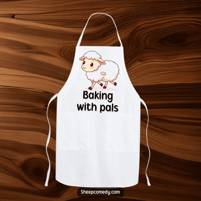 Funny apron depicting a sheep character with wobbly legs walking alongside a friend, perfect for kitchen fun and celebrating companionship.