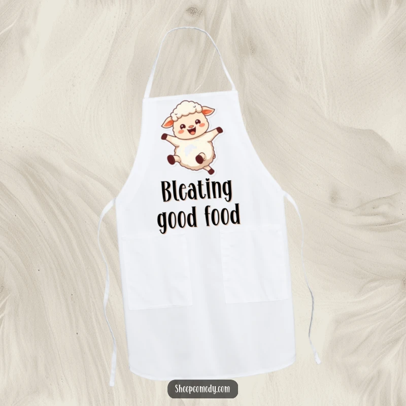 Funny sheep apron for cooking, showing a joyful sheep bleating and kicking its legs, practical and joyful wear.