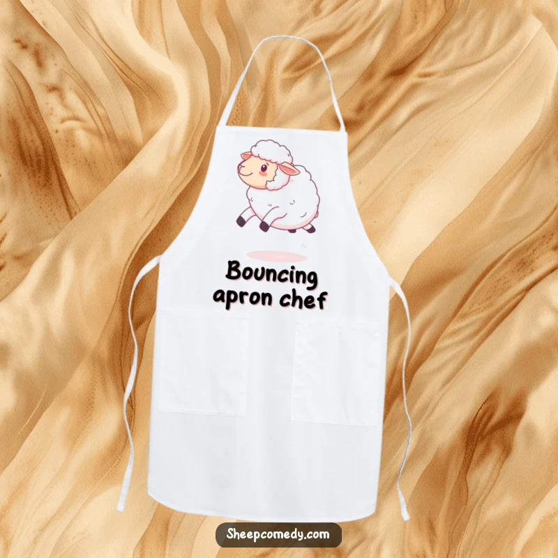 Funny kawaii sheep bouncing apron, depicting a fluffy sheep with wool, designed for happy cooking and baking sessions.
