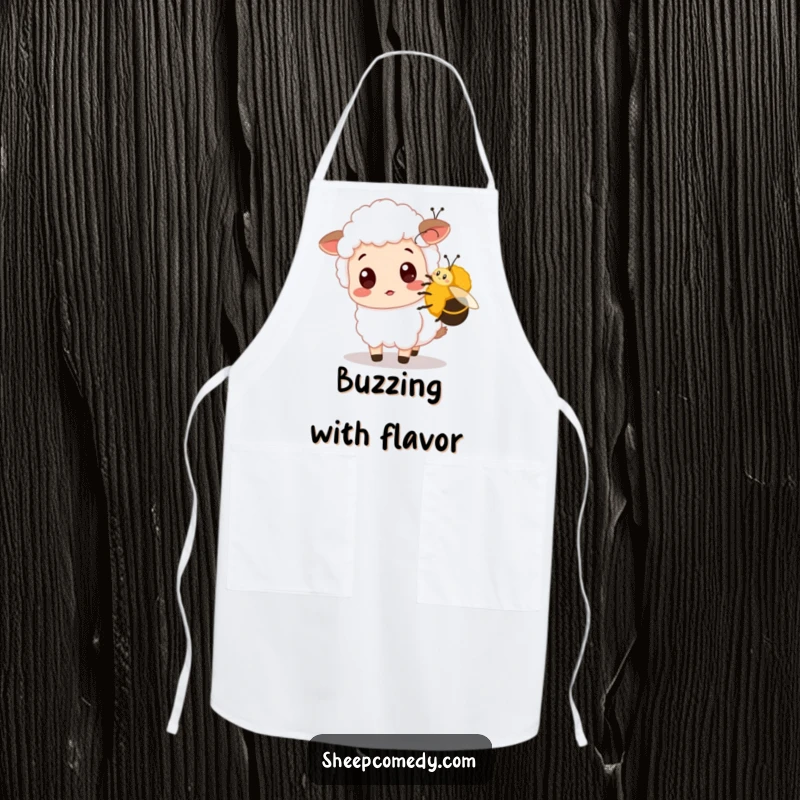 Funny Sheep Apron shows a surprised sheep being nudged by a bumblebee, perfect for chefs who enjoy humor and unexpected, funny moments.