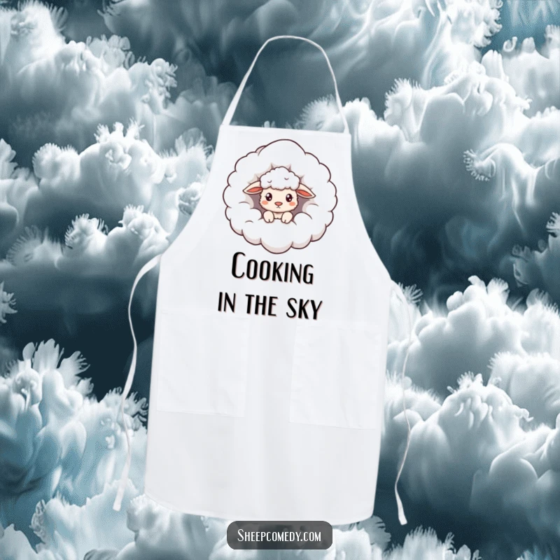 Funny Cloud Sheep Apron: A sheep curiously peeking from a giant fluffy cloud, a humorous and whimsical kitchen essential.