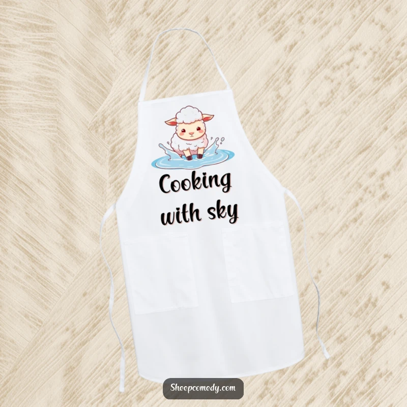 Funny apron with a sheep character playfully splashing in a puddle of bright blue sky, adding whimsical charm to kitchen activities.