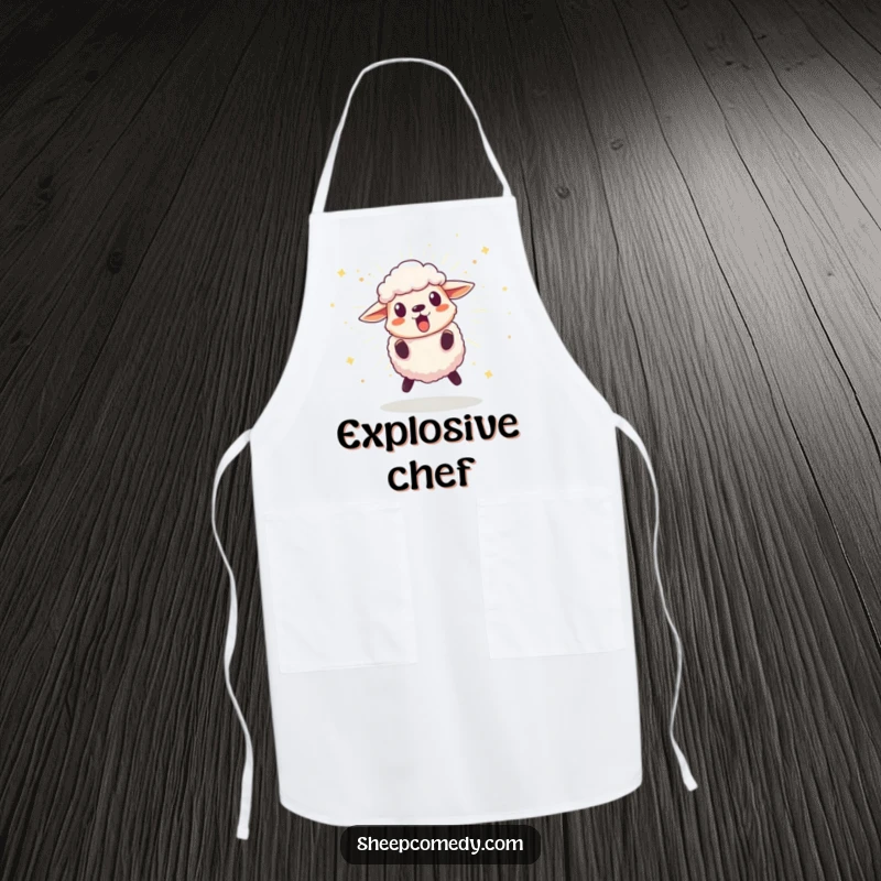 Funny kitchen apron with a surprised sheep character leaping back from a bursting, sparkling pom-pom, perfect for humorous culinary adventures.