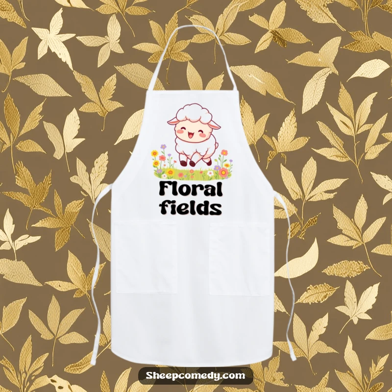 Funny apron showing a fluffy sheep bleating with joy as it happily bounds through a field full of colorful, blooming flowers.
