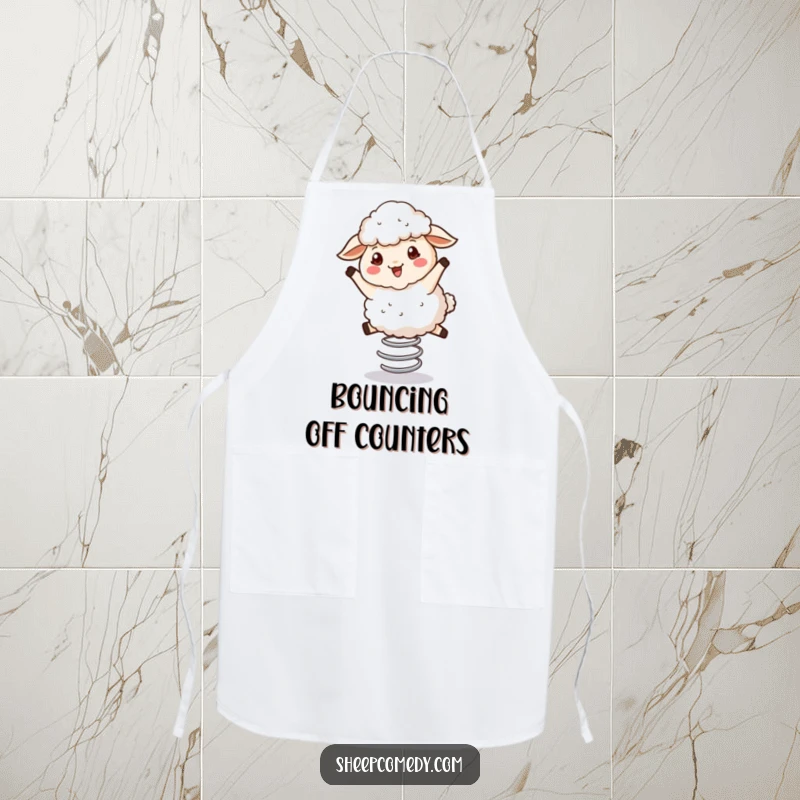 Funny Bouncing Sheep Apron: A fluffy sheep character joyfully bouncing on a spring, a humorous kitchen essential.