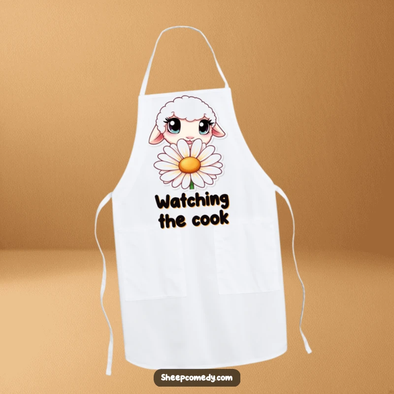 Funny apron featuring a sheep with large, curious eyes peeking from behind a big daisy while cooking.