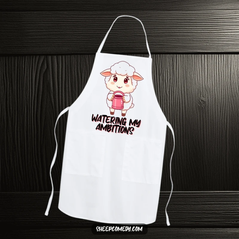 Funny Sheep Apron: A sheep character with a mischievous twinkle holds a watering can, bringing humor to cooking.
