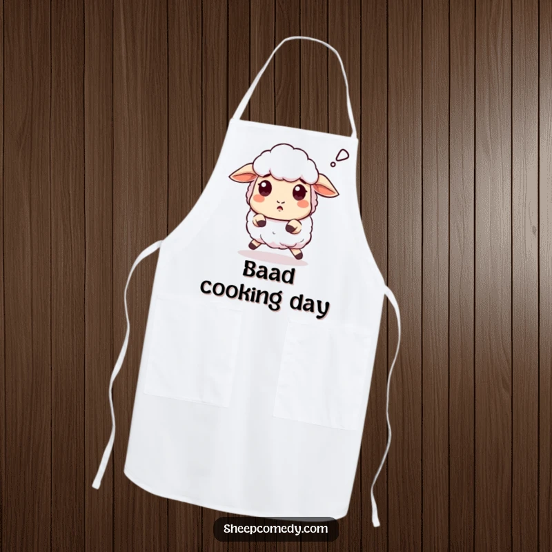 Funny Sheep apron showing a sheep stumbling with a surprised 'baaa', ideal for kitchen humor.