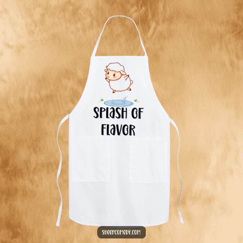 Funny sheep apron for cooking, showing a determined sheep jumping over a sparkling puddle, practical and motivational wear.