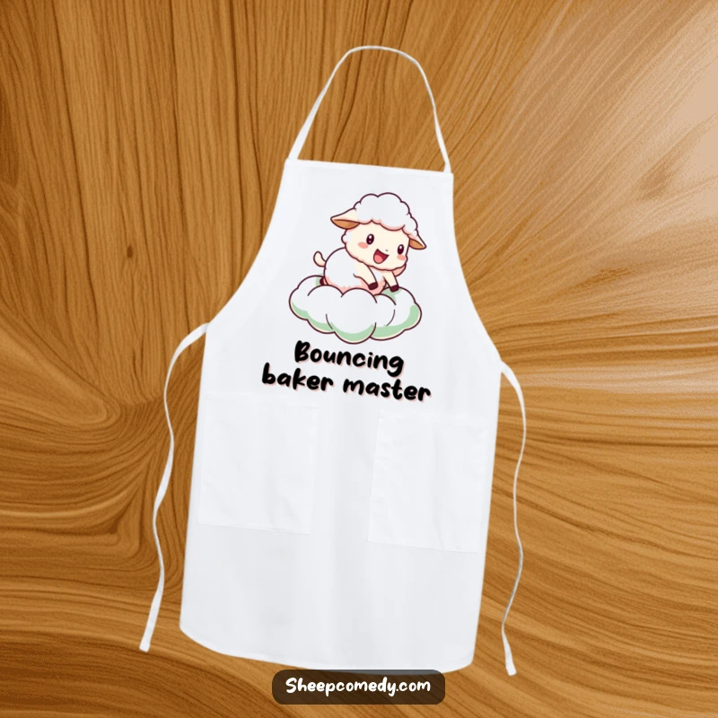 Funny Sheep Apron: Features a sheep character bouncing playfully on a green cloud, ideal for whimsical cooking.