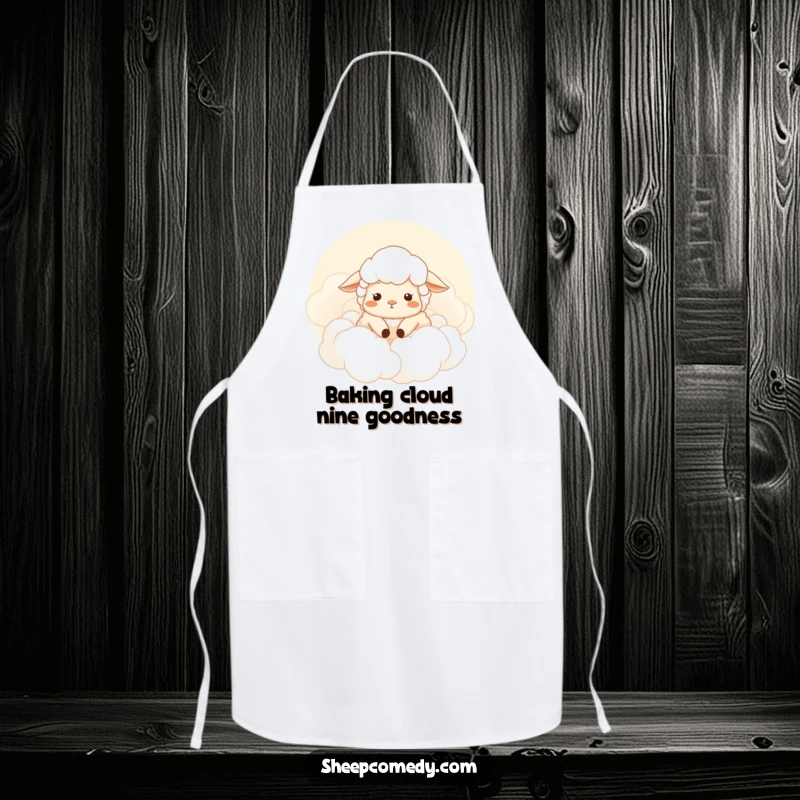 Funny sheep apron, sheep sighing contently in soft clouds, for a relaxed cooking experience, a perfect funny gift.