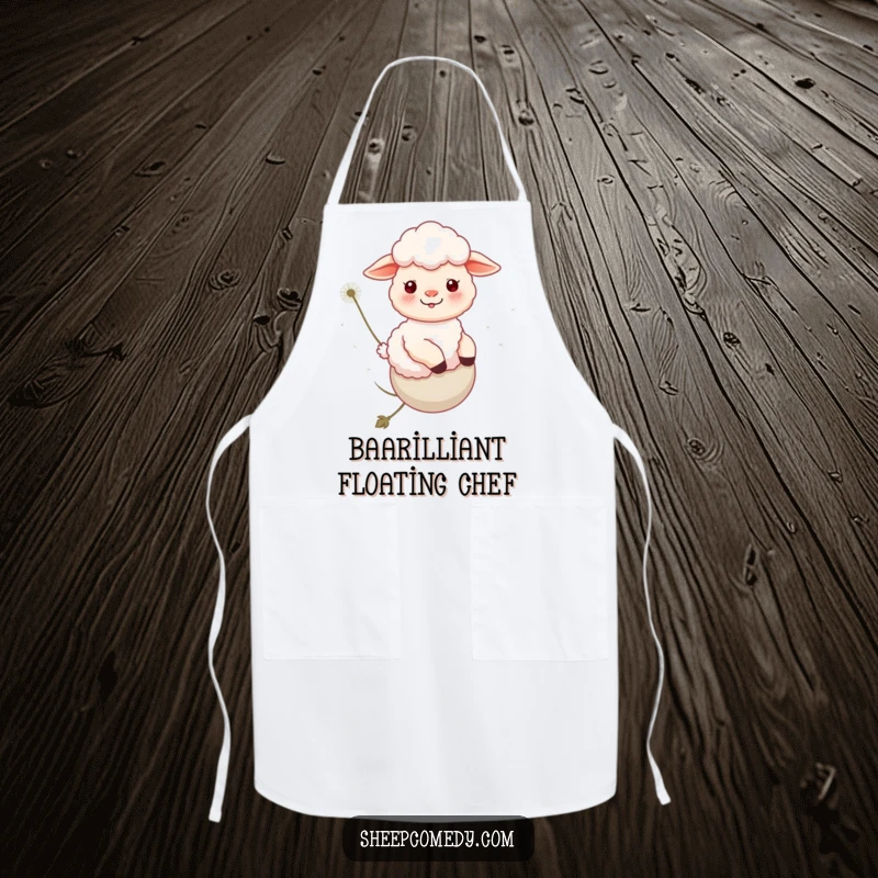 Funny Sheep Apron: A happy sheep rides a dandelion, adding a touch of whimsical humor to kitchen tasks.