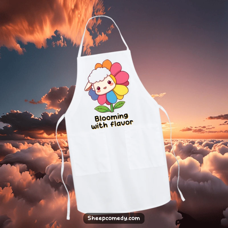 Funny Sheep Apron with a sheep curiously peeking from behind a large, rainbow-colored flower, adding humor to cooking.