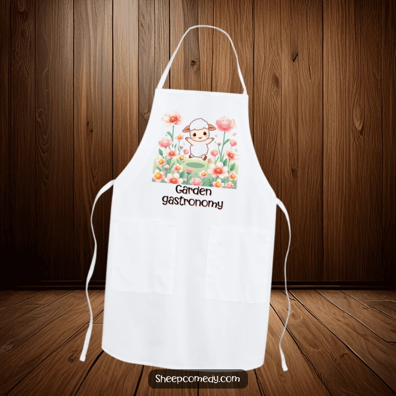 Funny sheep apron: a happy sheep character skips through shimmering flowers while cooking, bringing floral cheer to the kitchen.