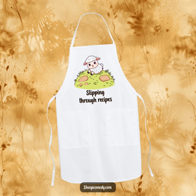 Funny kitchen apron with a giddy sheep character sliding down a whimsical, grassy hill, perfect for bringing humor to cooking and baking.