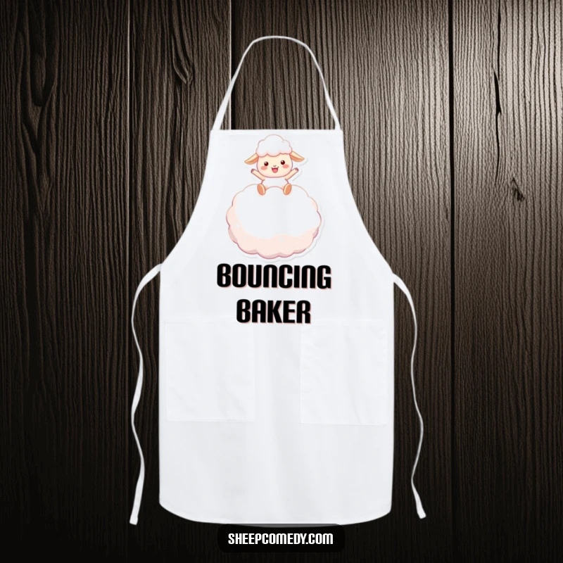 Funny sheep apron: a happy sheep character bounces on a fluffy marshmallow while cooking, adding humor to kitchen tasks.