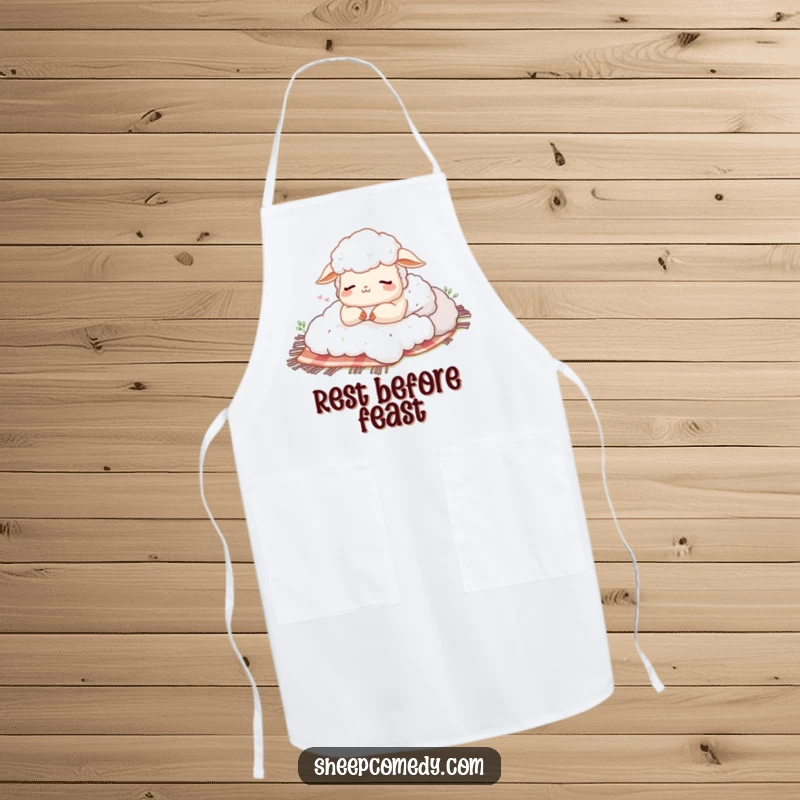 Funny apron with a sheep character napping with a happy sigh on a picnic blanket, adding humorous relaxation to kitchen duties.