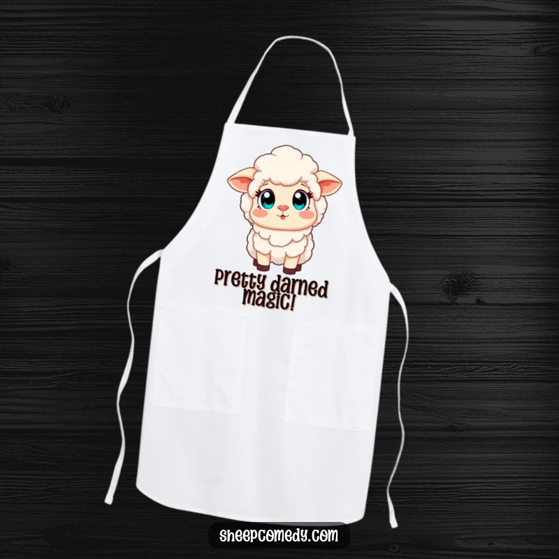 Funny apron depicting a sheep with wide, amazed eyes staring at a beautiful rainbow, ideal for kitchen fun and protecting clothes.