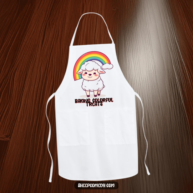 Funny apron with a sheep character's silly grin, humorously balancing a rainbow, adding whimsical charm to cooking duties.