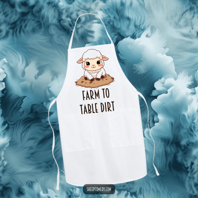 Funny sheep apron showing a sheep enjoying a dirt bath, perfect for adding humor to kitchen tasks.