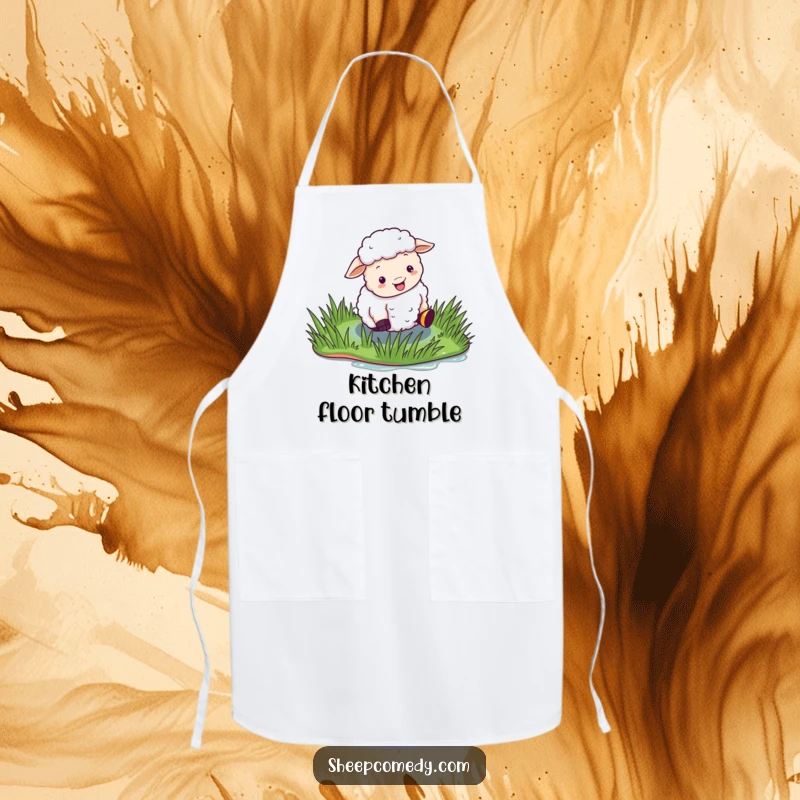 Funny Sheep Apron with a sheep comically slipping on a wet, shiny patch of grass, adding humor to the kitchen.