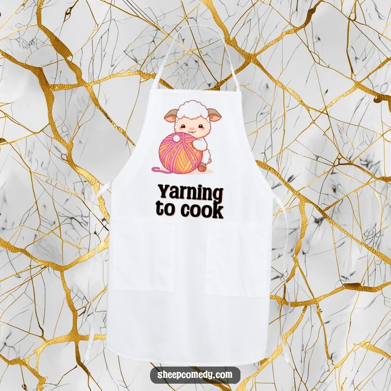 Funny Sheep Apron: A sheep character happily playing with a colorful ball of yarn, ideal for humorous crafting sessions.