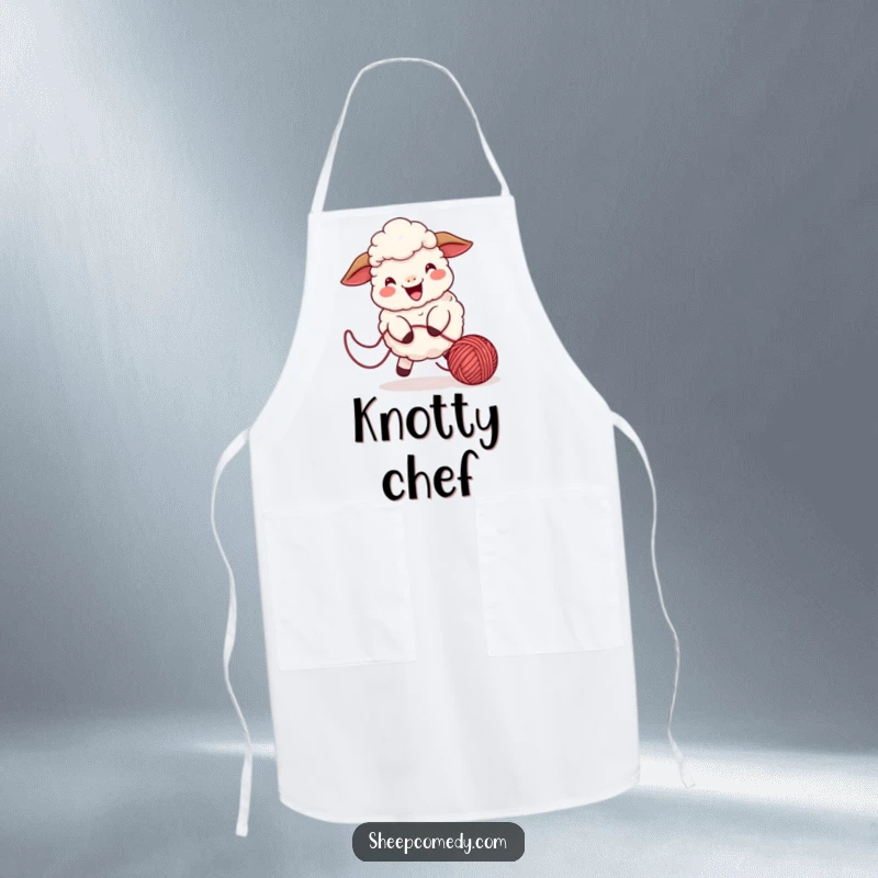 Funny sheep apron with a playful character chasing a bouncing ball of yarn, perfect for humorous kitchen activities.