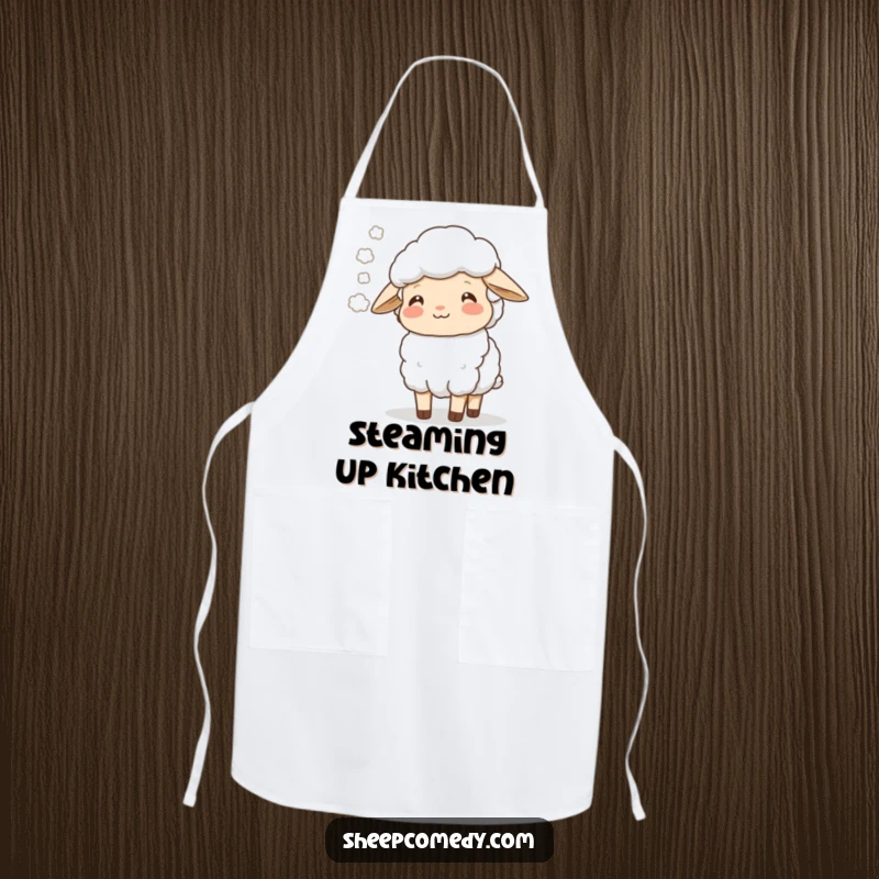 Funny sheep exhaling a soft mist with a happy look, featured on a practical and funny apron.