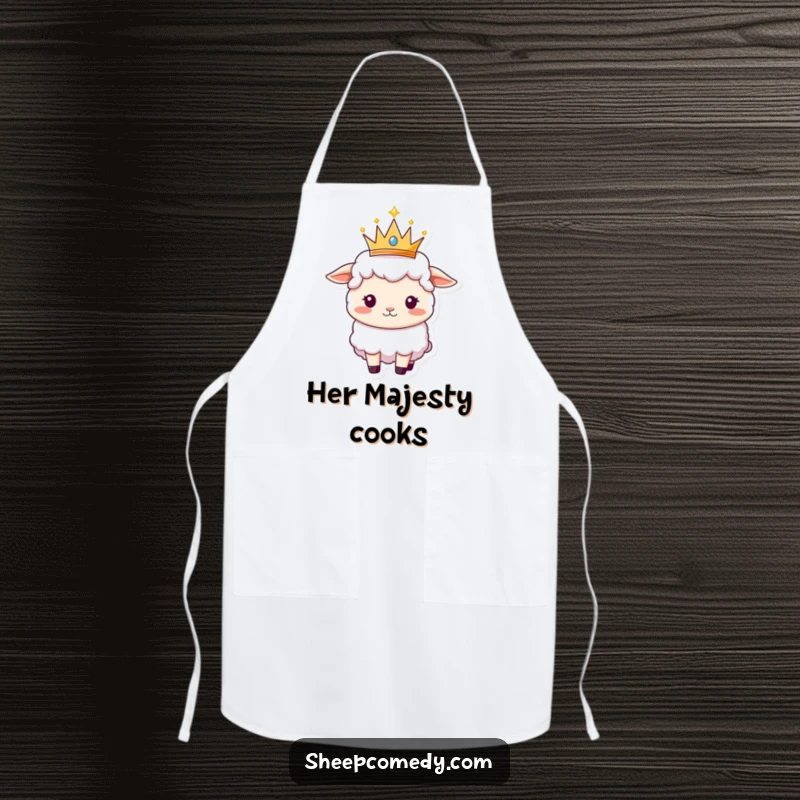 Funny Sheep apron showing a sheep balancing a small, sparkly crown, ready to rule the kitchen.