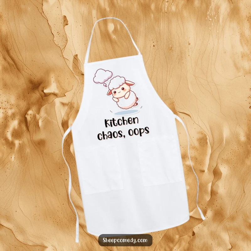 Funny Sheep Apron featuring a character playfully tripping while trying to catch a cloud, ready to bring smiles to any kitchen task.
