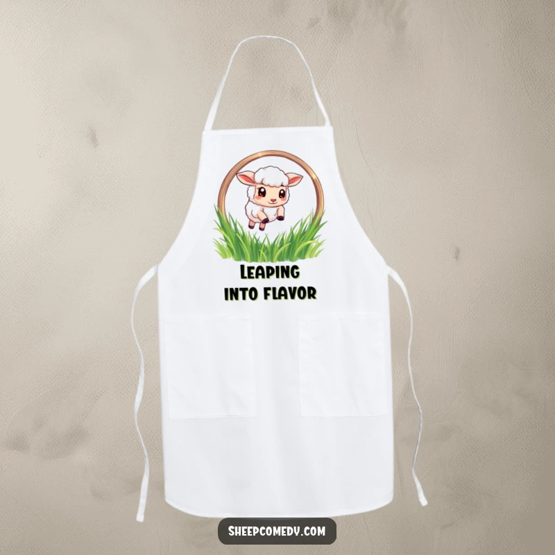 Funny Sheep Apron: A determined sheep character executing a spectacular leap through a grassy hoop, perfect for a humorous cooking experience.