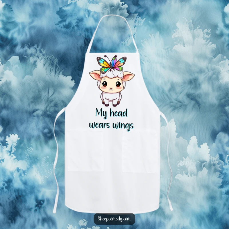 Funny sheep apron with a character balancing a colorful butterfly on its head, perfect for humorous kitchen endeavors.