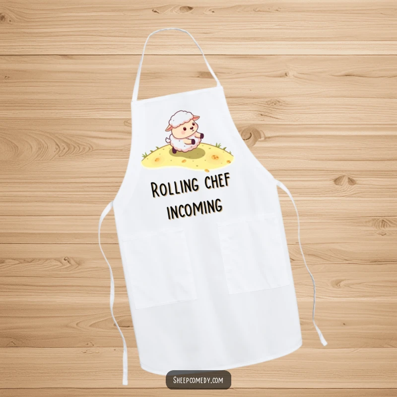 Funny Sheep Apron: Features a sheep character energetically rolling down a grassy slope, ideal for whimsical cooking.