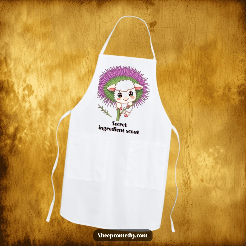 Funny sheep apron with a curious character peeking from behind a thistle, perfect for humorous kitchen explorations.