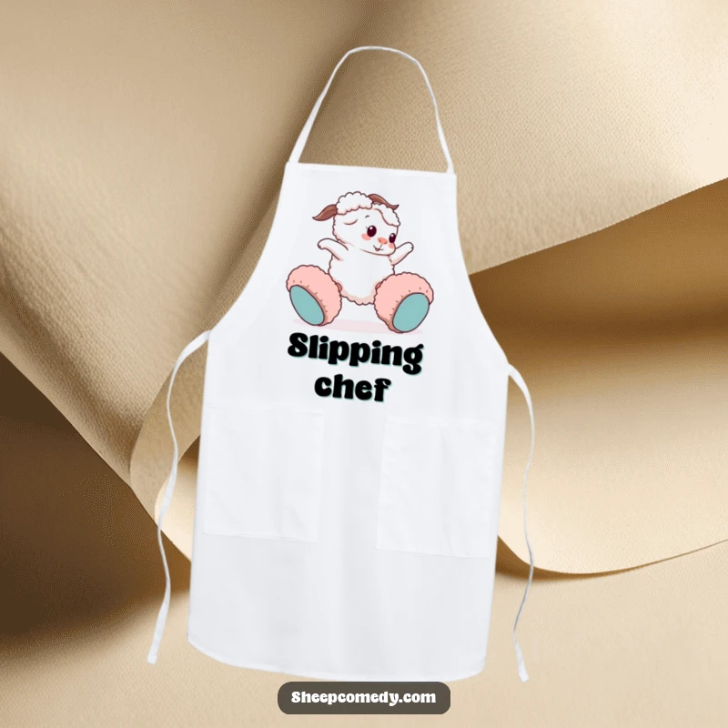 Funny sheep apron: a playful sheep character comically trips wearing fuzzy slippers while cooking, bringing kitchen humor.