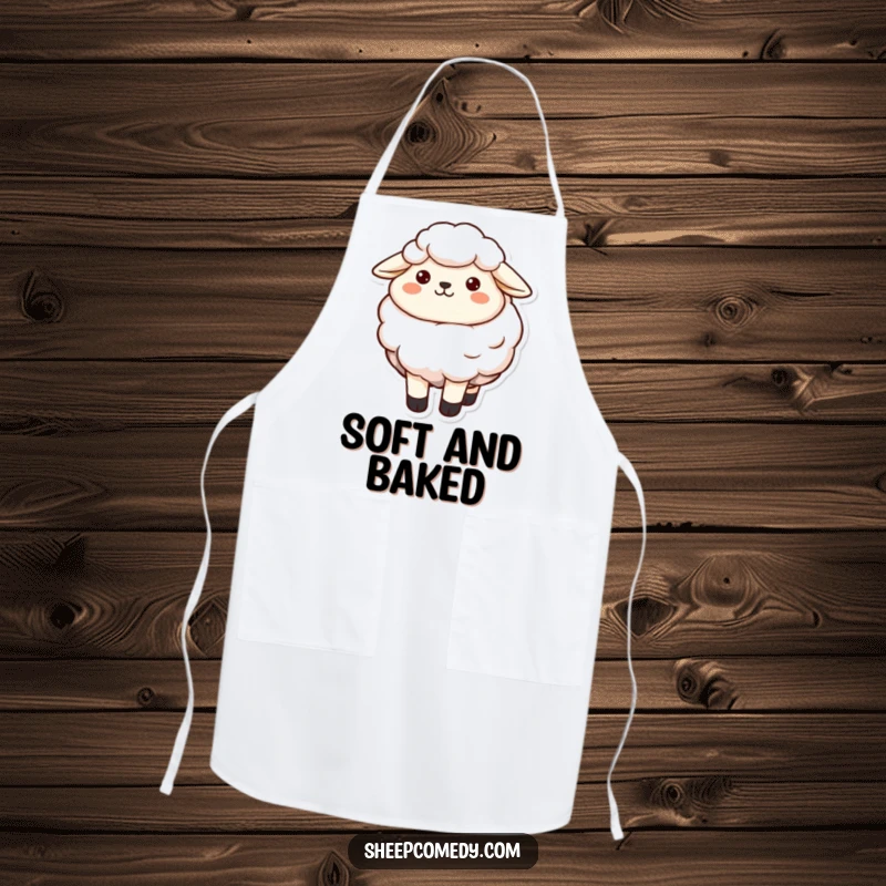 Funny sheep with a contented smile and soft wool, featured on a practical and funny apron.