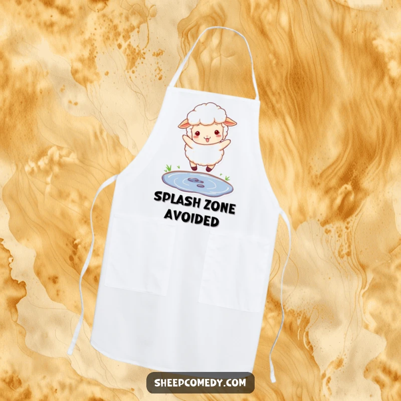 Funny apron featuring a fluffy sheep with woolly texture, playfully jumping over a small puddle while cooking.
