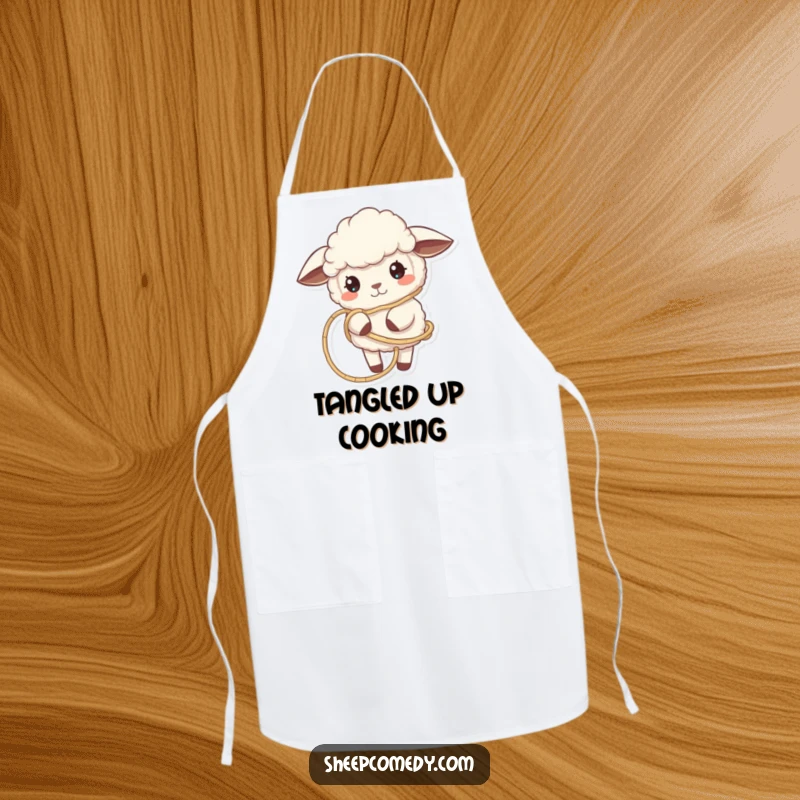 Funny Sheep Apron shows a sheep playfully tangled in yarn, perfect for crafters who enjoy humor and a cozy, crafty aesthetic.