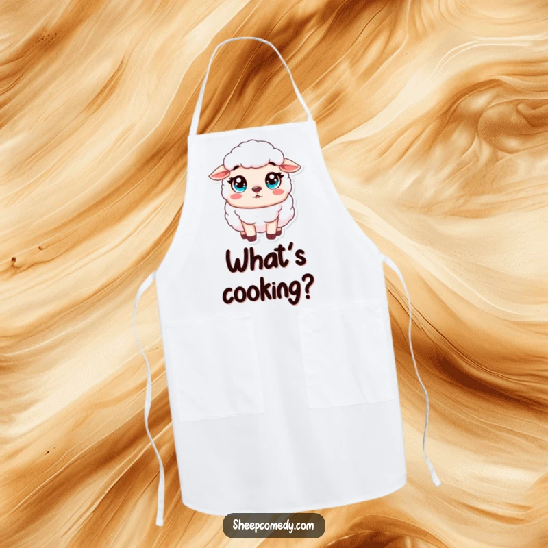 Funny Sheep Apron showing an innocent sheep character looking surprised with wide, innocent eyes, ready for kitchen tasks.