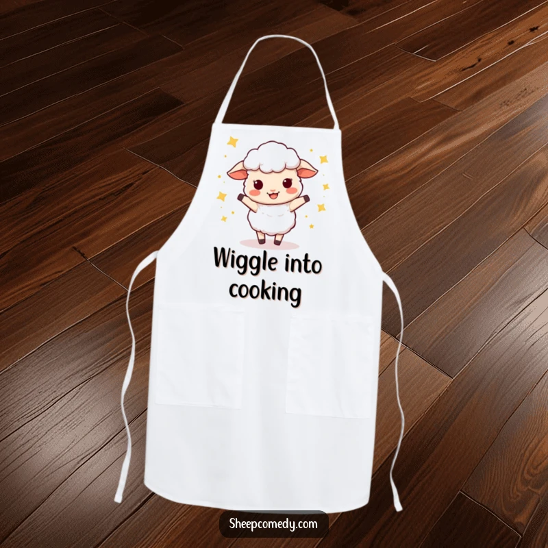 Funny Sheep Apron: A sheep character happily wiggle dancing, surrounded by stars, bringing joy to the kitchen.