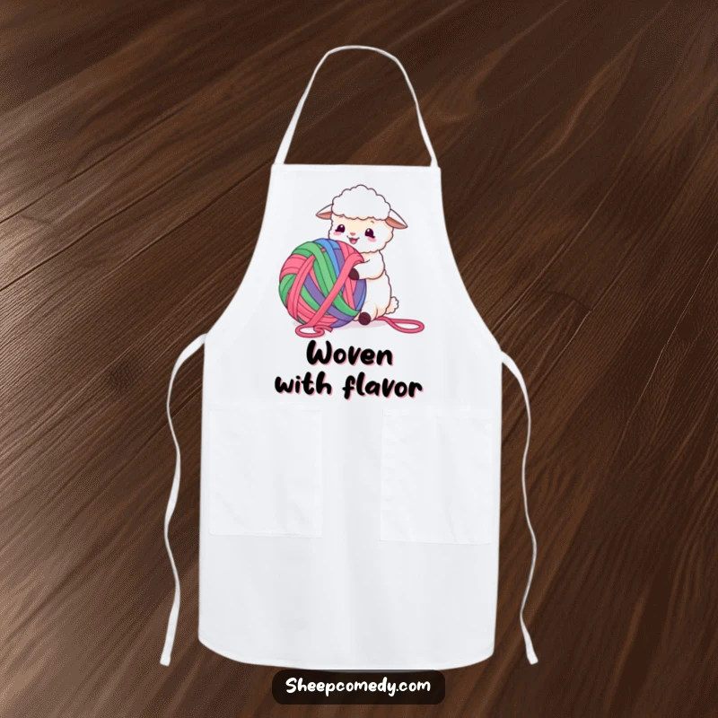 Funny Sheep Apron featuring a happy sheep having a blast with a giant, colorful yarn ball while cooking, kitchen humor.