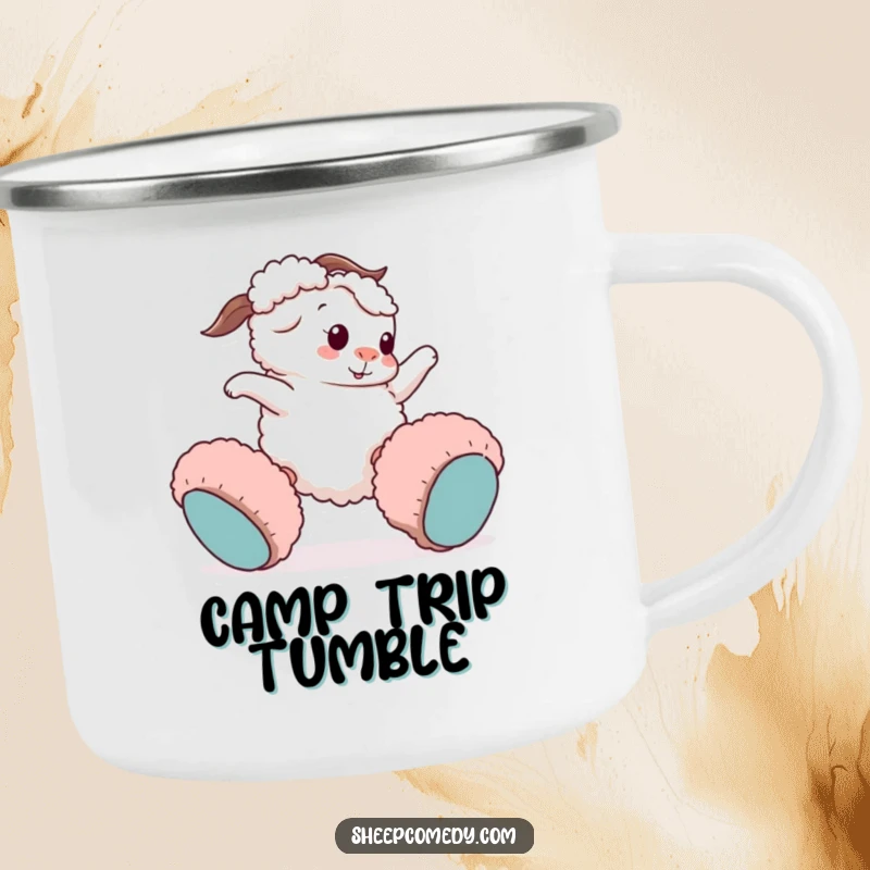 Funny sheep camping mug: a playful sheep character comically trips wearing fuzzy slippers, perfect for campfire laughs.