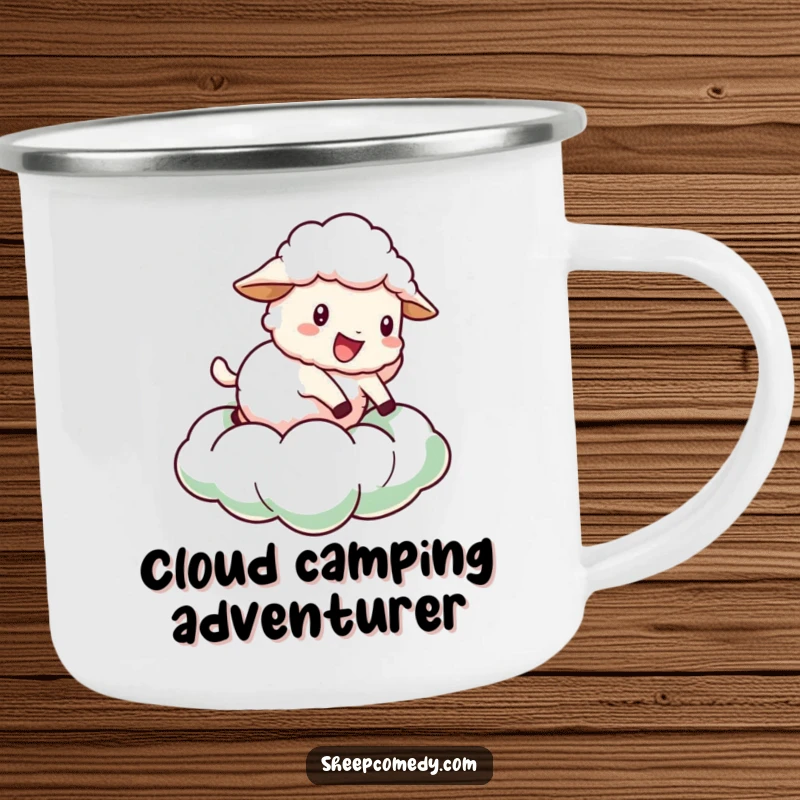 Funny Sheep Camping Mug: A sheep character joyfully bouncing on a green cloud, designed for whimsical outdoor enjoyment.