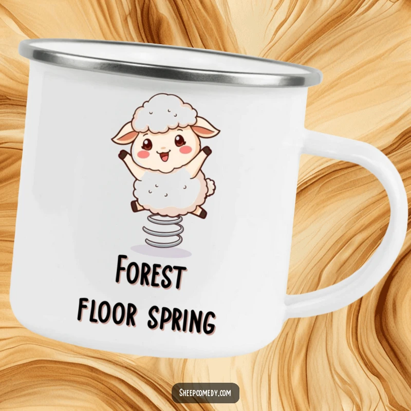 Funny Bouncing Sheep Camping Mug: A fluffy sheep happily bouncing on a spring, a humorous mug for adventurers.